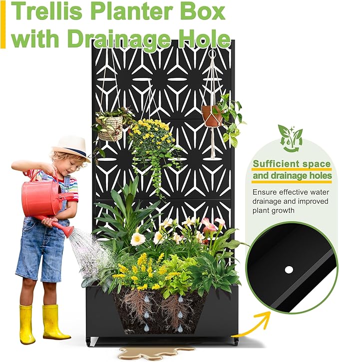 FENCY Metal Raised Garden Bed with Wheels and Trellis,73"x35"x16" Planter Box for Climbing Plants, Vegetables & Vines, Features Privacy Screen and Drainage Holes (Black-Star)