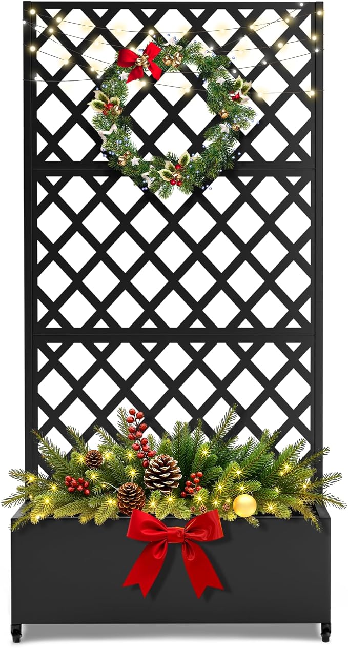FENCY Metal Planter Box with Diamond Lattice Trellis Planter Box for Climbing Plants/Vines, Galvanized Raised Garden Bed On Wheels, Garden Bed with Trellis(73"x35" Black)
