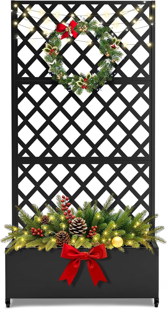FENCY Metal Planter Box with Diamond Lattice Trellis Planter Box for Climbing Plants/Vines, Galvanized Raised Garden Bed On Wheels, Garden Bed with Trellis(73"x35" Black)
