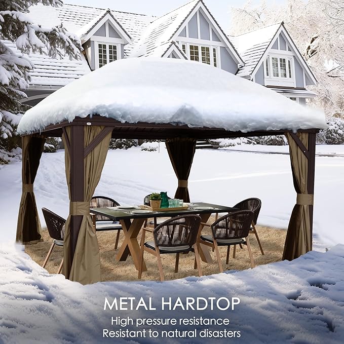 Kozyard Alexander 10' X 12' Hardtop, Aluminum Metal Gazebo with Galvanized Steel Double Roof Canopy, Curtain and Netting, Permanent Pavilion for Patio, Backyard, Deck, Lawn (Brown)