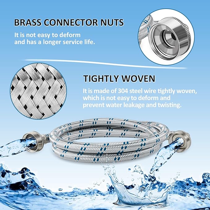 【UPGRADE】4FT Washing Machine Hoses with 90 Degree Elbow Premium Stainless Steel Burst Proof (cost-effective 2 pack) Red and Blue Striped Water Connection Inlet Supply Lines by Cenipar