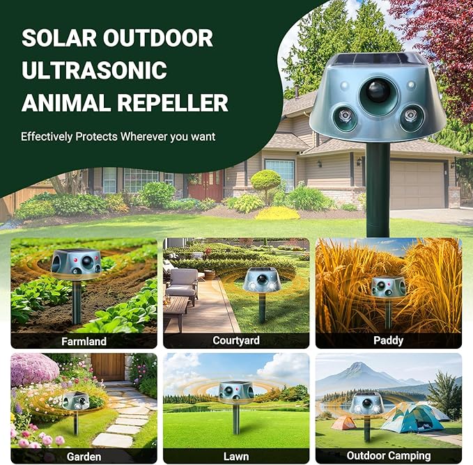 Solar Ultrasonic Animal Repellent, Deer Repellent Devices with Motion Detection & 4 Mode, Cat Repellent Outdoor Squirrel Skunk Rabbit Raccoon Dog Mouse Deterrents Repeller for Yard Patio Waterproof