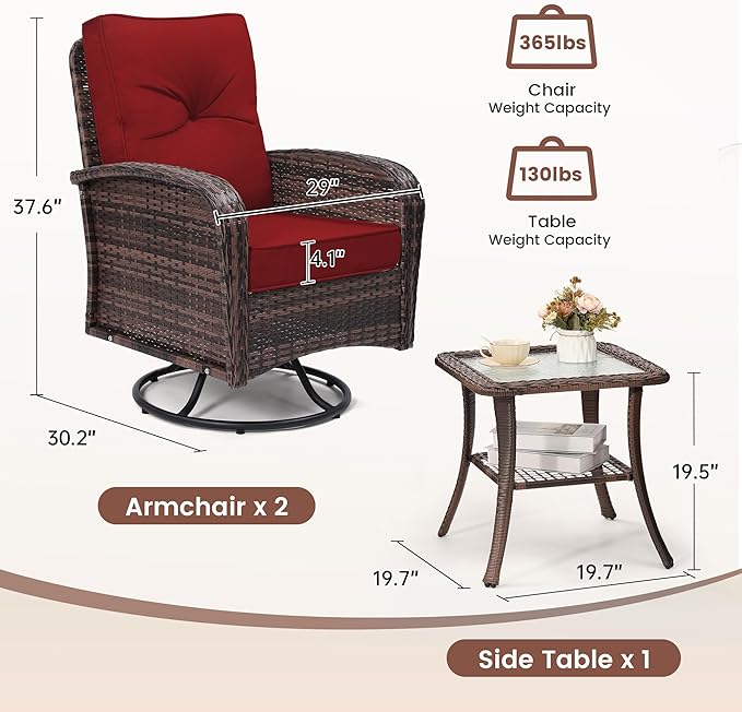 Luxury Outdoor Swivel Wicker Glider Patio Chairs with Table Set, Overstuffed Washable Cushions, Ideal for Porch, Balcony, Deck, Brown Rattan and Red Cushion