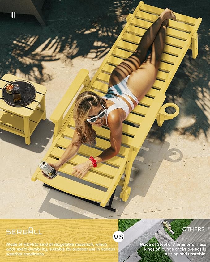 SERWALL Patio Chaise Lounge Chair, 78'' Long HDPE 5 Positions Adjustable Outdoor Lounger, Poly Lounge Chair with Rolling Wheels & Cup Holder for Pool, Lemon Yellow