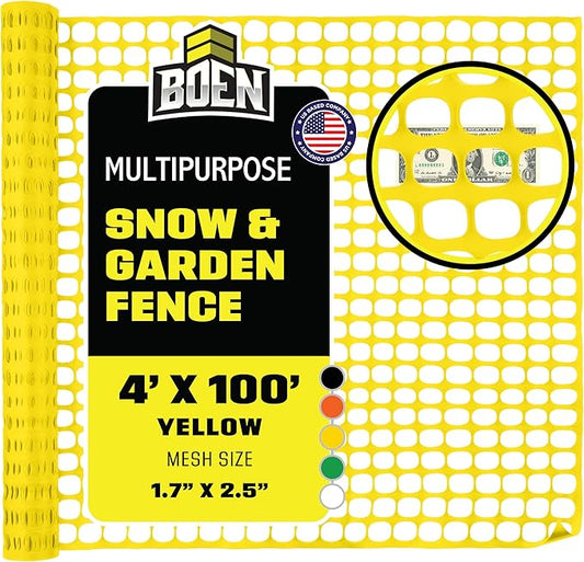 BOEN 4' x 100' Yellow Temporary Fencing, Mesh Snow Fence, Plastic, Safety Garden Netting, Above Ground Barrier, for Deer, Kids, Swimming Pool, Silt, Lawn, Rabbits, Poultry, Dogs