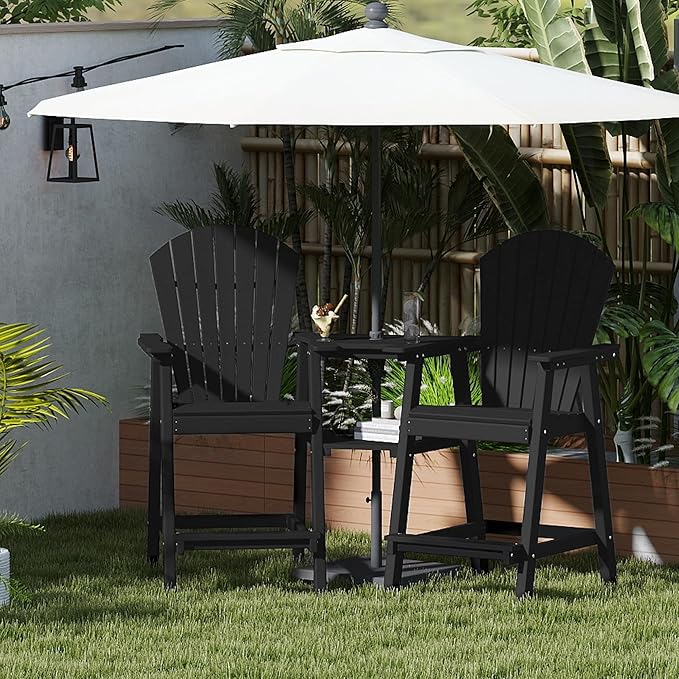 FOOWIN Tall Adirondack Chair Set of 4, All Weather HDPE Bar Height Adirondack Chair with Double Connecting Trays, Adirondack Barstools for Balcony, Deck, Backyard, Patio, Garden Black