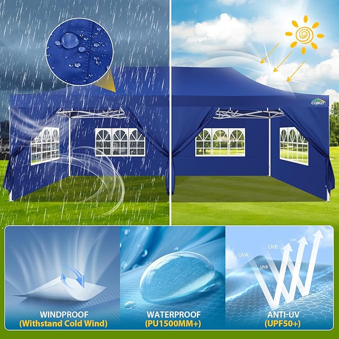 COBIZI 13x26 Heavy Duty Pop Up Canopy with 6 Sidewalls Party Tent Outdoor Wedding Large Event Tent with Roller Bag for Garden Lawn Waterproof UPF 50+ Ez Up, Dark Blue (Framework Upgraded)