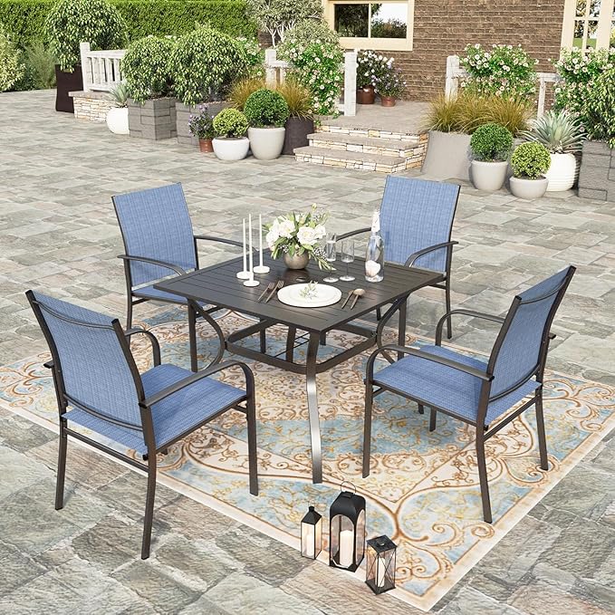 HERA'S HOUSE Outdoor Dining Chairs Set of 6, 36" Textilene Fabric Patio Chairs with Wrought Iron Metal Frame Support 350lbs for Lawn Garden Backyard Deck, Blue