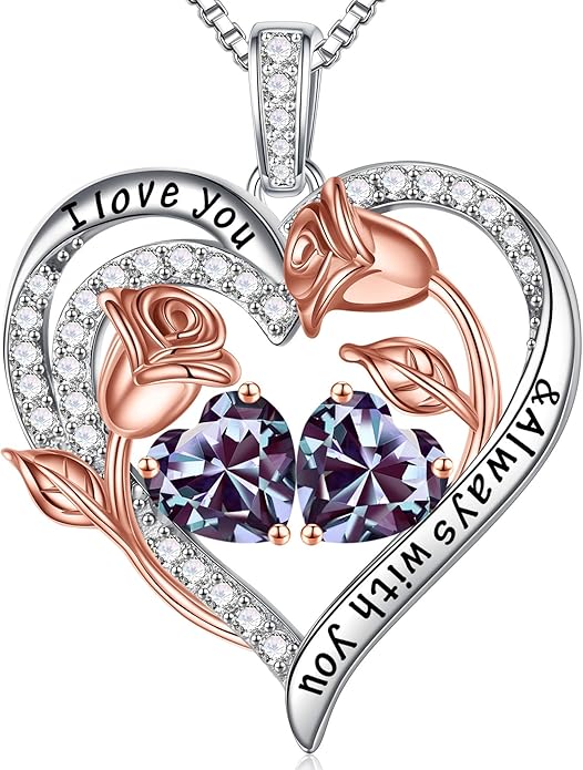 Iefil Christmas Gifts for Women Wife - 925 Sterling Silver Rose Heart Birthstone Necklace Birthday Anniversary Jewelry Gifts for Her Wife Mom Daughter