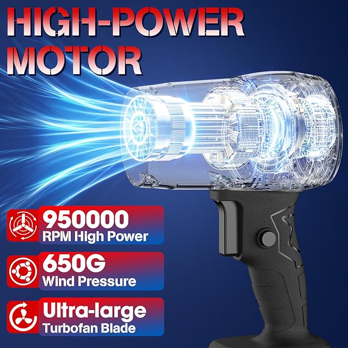 Leaf Blower with 21V*2 Pcs Batteries, 950000RPM Powerful Fan, High Variable Speed 200 MPH, Handheld Air Blower, Perfect for Car Drying, Patio Cleaning, Lawn Caring, Leaves Blowing (Black)