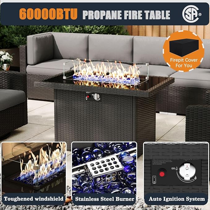 Patio Furniture Set with Fire Pit Table, 9 Pieces Outdoor All-Weather Wicker Conversation Sectional Chair Sofa Set with 2 Swivel Chairs