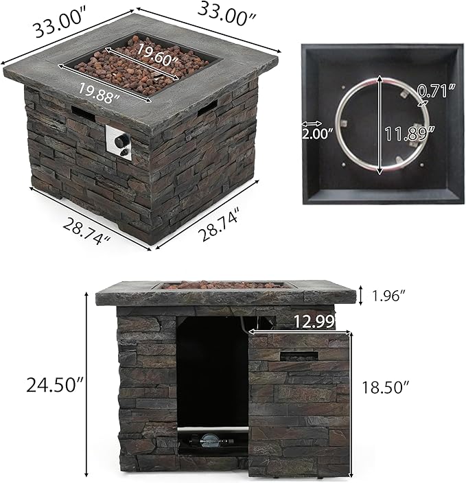 Outdoor Propane Fire Pit Table, 33 Inch Square MGO Concrete Fire Pit with Lava Rocks, Smokless Fire Table for Outside Patio, Garden, Backyard, 40,000 BTU, Tank Inside, Stone Gray