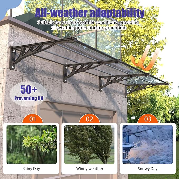 Door Awning Window Canopy, Modular Spliced Awnings for Outside,Porch,Patio,Deck,Polycarbonate Sheet,UV, Rain, and Snow Protection (Black Bracket & Transparent Board, 35 * 80'')