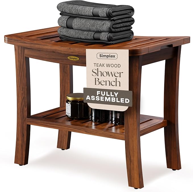 Simplex Teak Shower Bench, Fully Assembled Shower Stool, Water-Resistant Spa Seat, 20.8 Inch Non Slip Shower Bench, Indoor & Outdoor Use