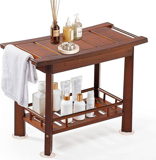 21" Teak Shower Bench for Inside – Luxury Spa-Style Comfort, FSC Certified Durable Teak Wood, Water-Resistant, Ergonomic Seat, Anti-Skid Stability and Enclosed Storage Shelf, 350 lbs Capacity