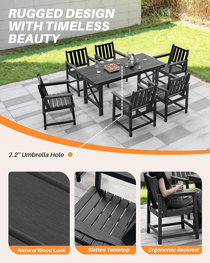 5-Piece HDPE Patio Dining Set, Outdoor Table and Chairs with Umbrella Hole, Modern Outdoor Dining Set for 4, HDPE Outdoor Patio Furniture Dining Sets for Deck, Poolside, Porch, Obsidian