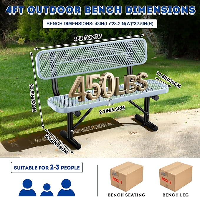 Heavy Duty Park Bench for Outside, Metal Park Bench with Back Portable Frame, Outdoor Steel Mesh Garden Bench with Backrest for Garden, Lawn, Patio, Porch, Park, Yard (Grey, 4FT/50INCH)