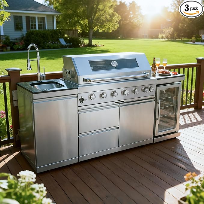 85 Inches 6-Burner 85000 BTU Deluxe Stainless Steel Propane Gas Outdoor Kitchen Bar Barbecue Island Grill with Wine Cooler, Compact Refrigerator, Rotisserie, Granite Countertops & Storage, Silver