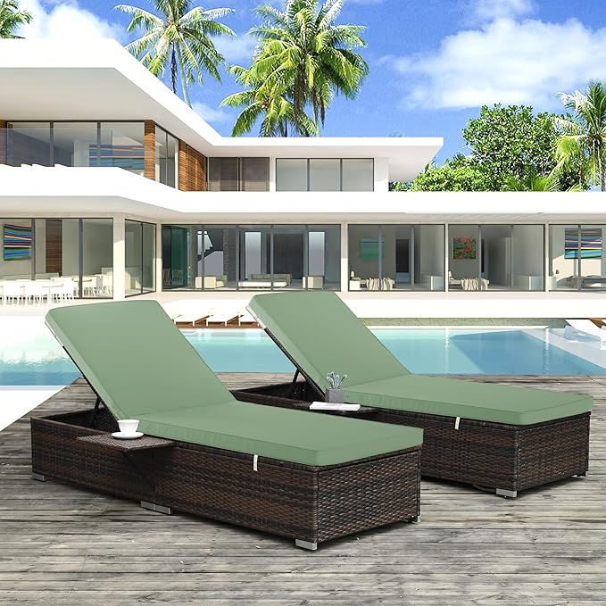 Outdoor Chaise Lounge Cushion Set of 2, Fadesafe Water-Repellent Lounge Deck Reclining Chair Cushions for Patio Furniture Lawn Pool Resort Hotel, 80x26x3 Inch, Sage Green