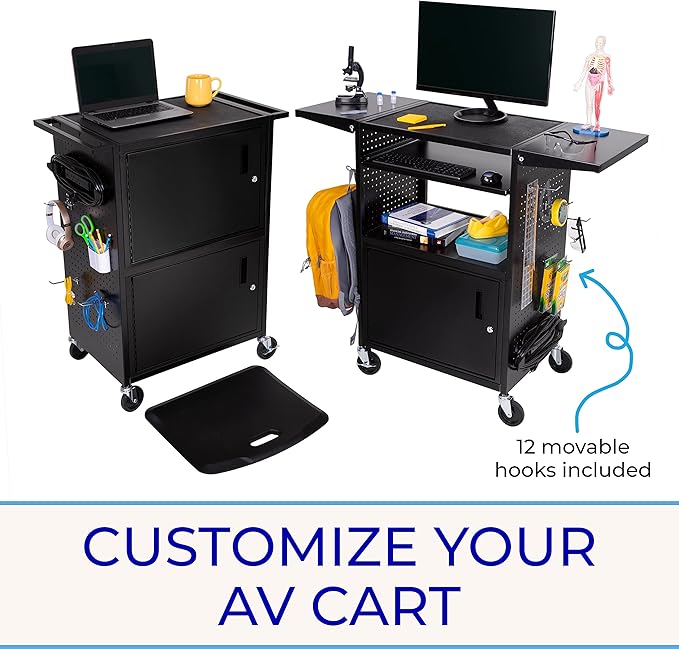 Line Leader Stellar AV Cart - Computer Cart with Customizable Pegboard & Hooks, Locking Cabinet, UL Certified Power, Mobile Workstation with Locking Wheels, Ideal for Laptop & Charger Storage