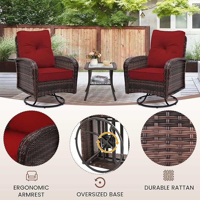 Luxury Outdoor Swivel Wicker Glider Patio Chairs with Table Set, Overstuffed Washable Cushions, Ideal for Porch, Balcony, Deck, Brown Rattan and Red Cushion