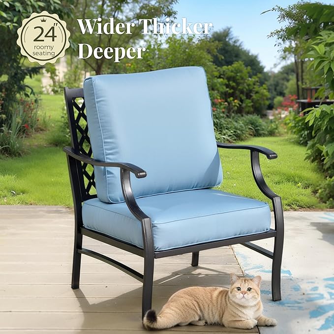 Patio Chairs Set of 2, High Back Outdoor Patio Metal Leg Chairs with 5.75" Thick Cushions for Bistro Balcony Porch Deck and Yard, Blue
