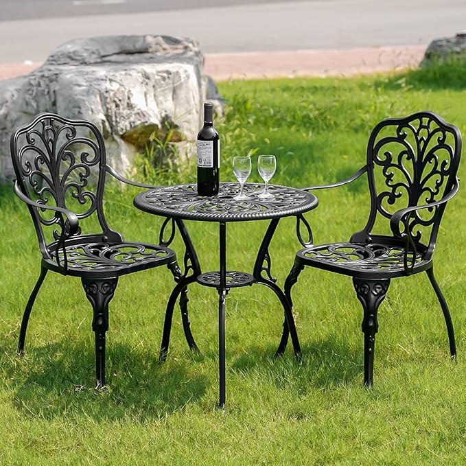 Outdoor Bistro Set 3 Piece, Patio Bistro Set, Cast Aluminum Bistro Set, Patio Table Set with 1.97" Umbrella Hole for Yard, Deck, Front Porch