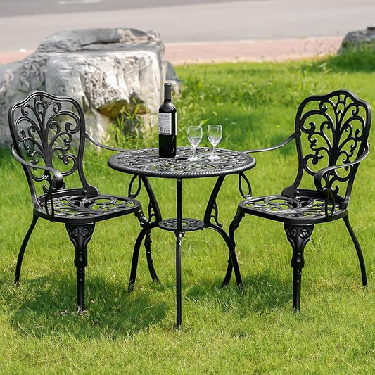 Outdoor Bistro Set 3 Piece, Patio Bistro Set, Cast Aluminum Bistro Set, Patio Table Set with 1.97" Umbrella Hole for Yard, Deck, Front Porch