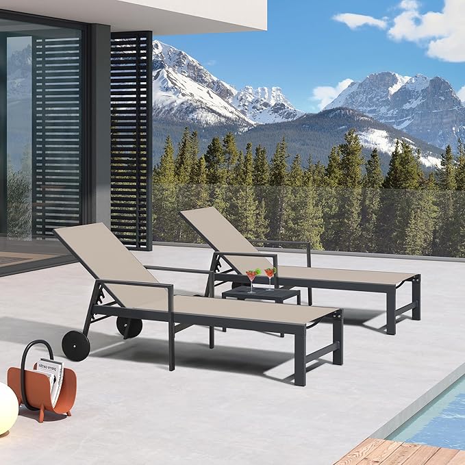 PURPLE LEAF Outdoor Chaise Lounge 4 Pieces Aluminum Recliner Chair with Wheels and Armrests Loungers for Pool Backyard Deck Taupe Patio Lounge Chair