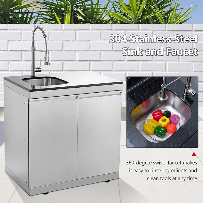 43.5-Inch 6-Burner 85000 BTU Deluxe Stainless Steel Gas Outdoor Kitchen Bar Barbecue Island Grill + Wine Cooler Compact Refrigerator + Rotisserie + Granite Countertops + Storage Cabinets & Drawers