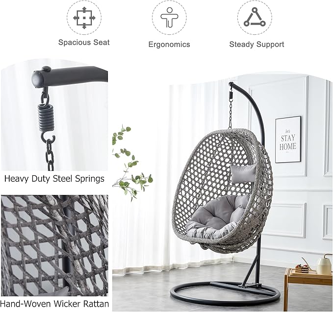 Hanging Egg Chair with Stand, Egg Swing Chair with Stand Indoor Outdoor,Grey Wicker Swing Egg Chair for Adults, Hammock Chair with Comfortable Cushion and Stable Round Metal Base for Bedroom Patio