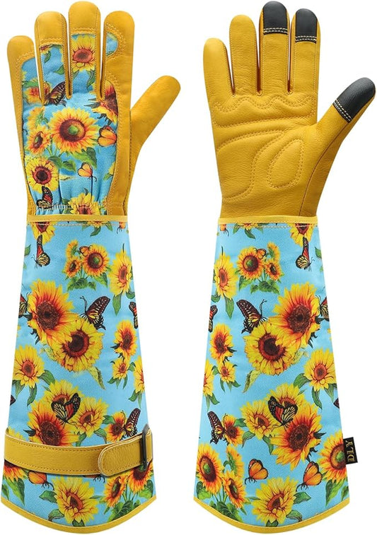 DLY Gardening Gloves for Women, Rose Gloves Gardening Thorn Proof, Long Garden Gloves for Women, Breathable Cowhide Leather Gauntlet (Medium, Blue)