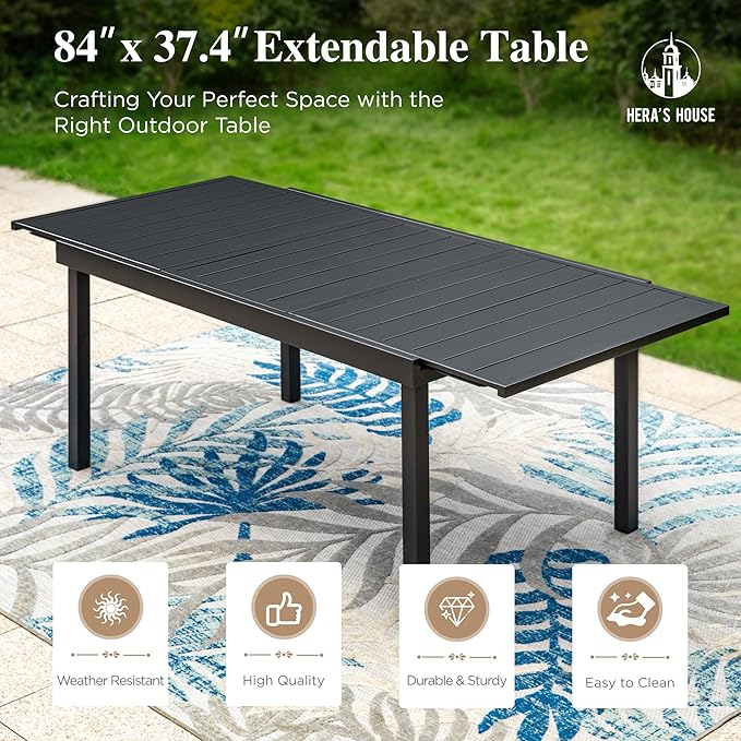 HERA'S HOUSE 7 Pieces Patio Dining Set, Outdoor Dining Set for 6, 6 x All Weather Textilene Padded Dining Chair, 1 x Rectangular Expandable Large Surface Metal Dining Table
