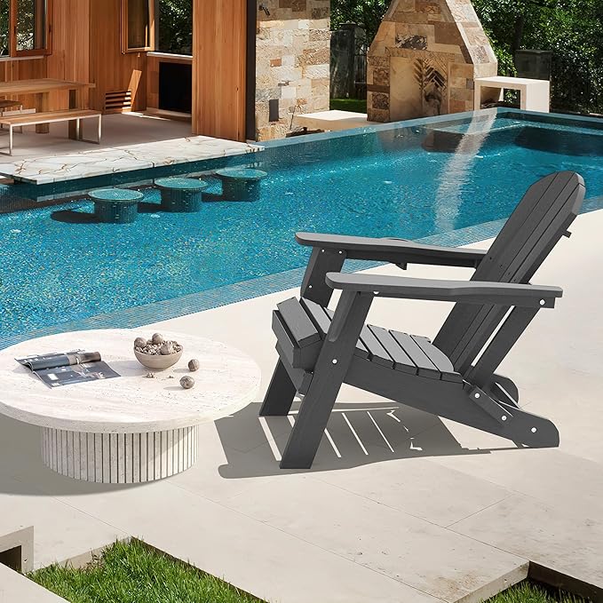 LOUNZY Folding Adirondack Chair Set of 2, HDPE All-Weather Folding Patio Chair with Cup Holders, Outdoor Patio Adirondack Chair for Deck Lawn Fire Pit, Gray