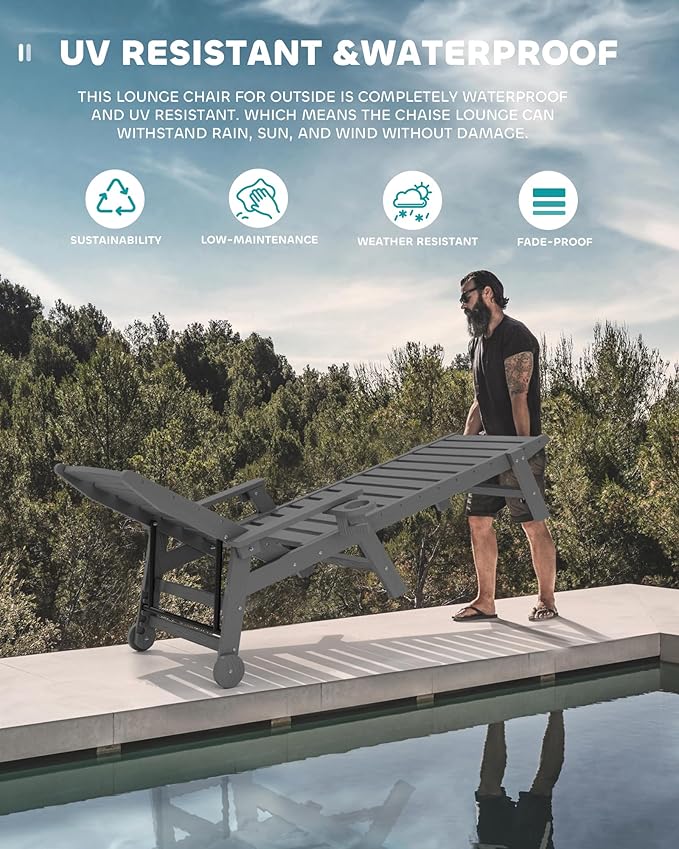 SERWALL Patio Chaise Lounge Chair Set of 2, 78'' Long 5-Positions Adjustable HDPE Outdoor Lounger for Pool, Poly Lounge Chair with Rolling Wheels & Cup Holder for Poolside, Deck, Slate Gray