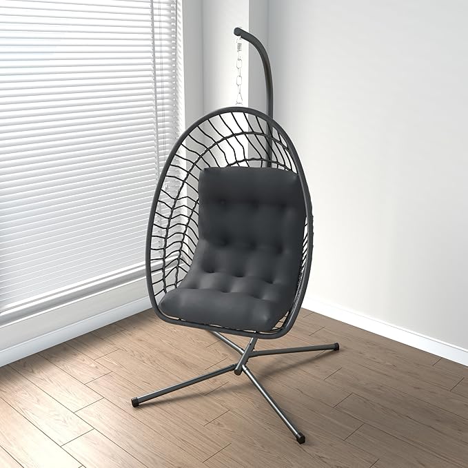 Kingdura Hanging Egg Chair with Stand Indoor Outdoor, Foldable Rattan Wicker Hammock Egg Swing Chair for Bedroom Porch Patio Garden, Thickened Cushion, 350LBS Capacity, Heavy Duty Frame