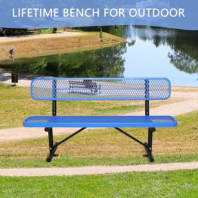6 Ft Metal Park Bench for Outside, All-Weather Thermoplastic Coating Outdoor Bench with Backrest, Commercial Heavy Duty Benches for Shopping Malls, Stores, Parks, Patios, Decks, Blue