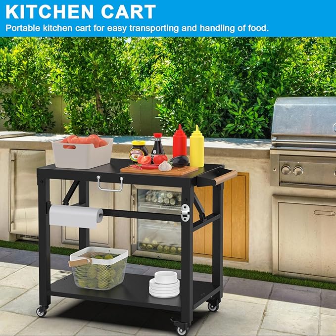 Upgrade Foldable Grill Cart Stand, Flat Top Dining Cart Table for Blackstone Griddle, Weber, Ninja Portable Grill, Outdoor Pizza Oven and More, Table Carts for Outdoor Camping