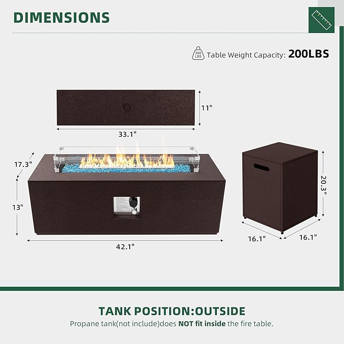 UPHA 42-inch Outdoor Propane Gas Fire Pit Table 50000 BTU Iron Rectangle Firepit for Outside Patio with Tank Hidden Table, Wind Guard, Removable Lid, Blue Glass Rocks, Rain Cover, Brown