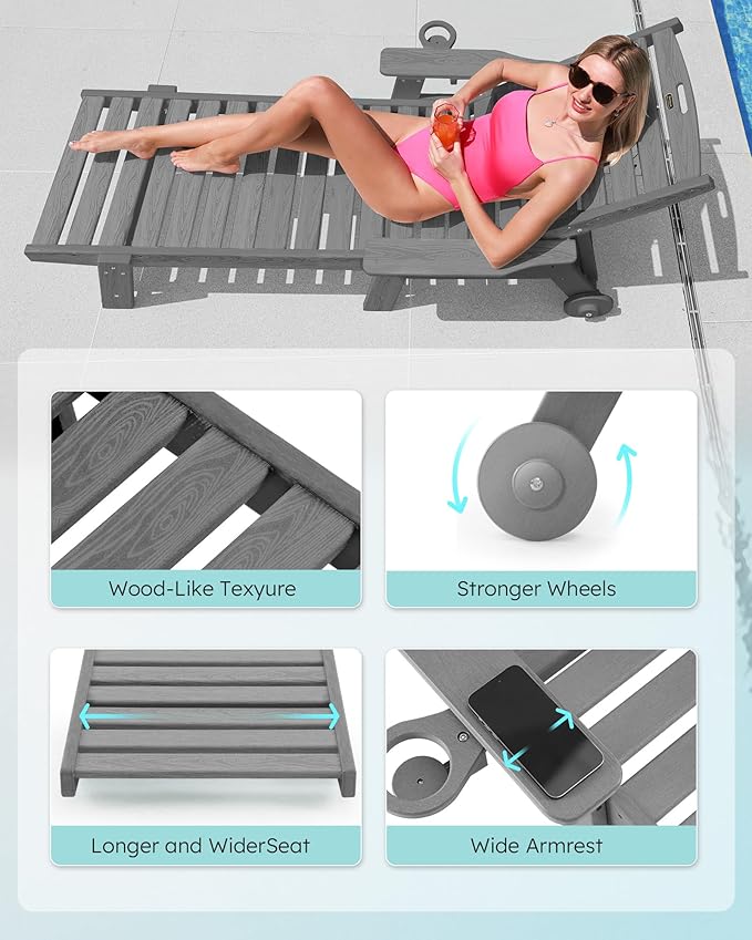 Chaise Lounge Chair Outdoor with Wheels, Oversize Patio Lounge Chairs with Wood Texture, 5-Position Plastic Lounge Chairs Set of 4-Grey(Separate Delivery)
