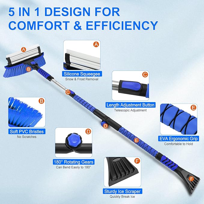 62.4" Foldable Snow Brush and Ice Scrapers for Car Windshield, Adjustable & Extendable Ice Removal Tool with Non-Slip Foam Grip, 180° Pivoting Snow Brush for Car, SUV, Truck, Blue