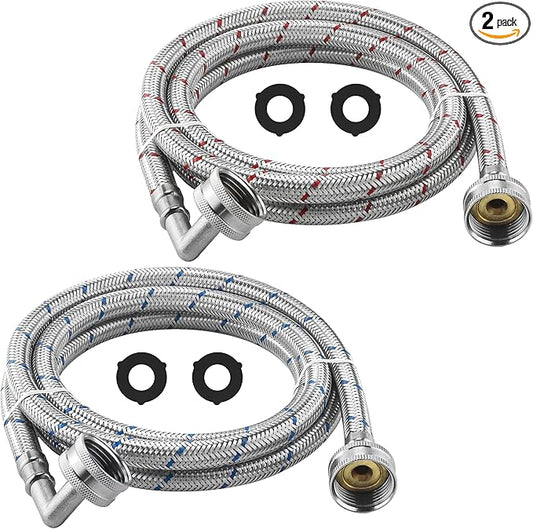 AMI PARTS 4ft Premium Burst-Proof Stainless Steel Washing Machine Hoses With 90 Degree Elbow - Suitable for All Washers - Red and Blue Striped Water Connection Inlet Supply Lines (2 Pack)