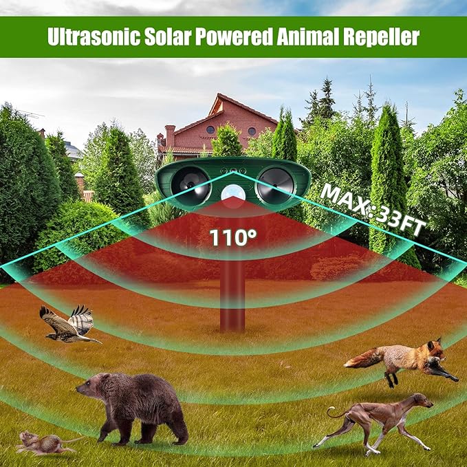 4 Pack Deer Repellent Solar Ultrasonic Animal Repeller Outdoor Racoon Squirrel Fortress Pro Waterproof Animal Deterrent Devices, Cat,Dog,Skunk,Rabbit,Coyote Deterrent for Yard Garden Farm