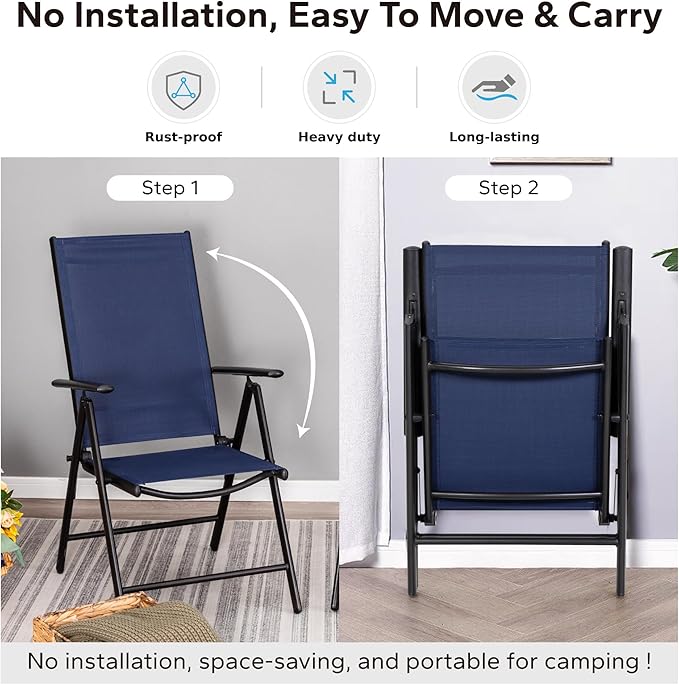 MFSTUDIO Patio Folding Chairs Set of 4, Outdoor Patio Dining Chairs, Portable Blue Sling Patio Chairs, 7 Levels Adjustable Sling Back Chairs for Backyard Lawn Garden