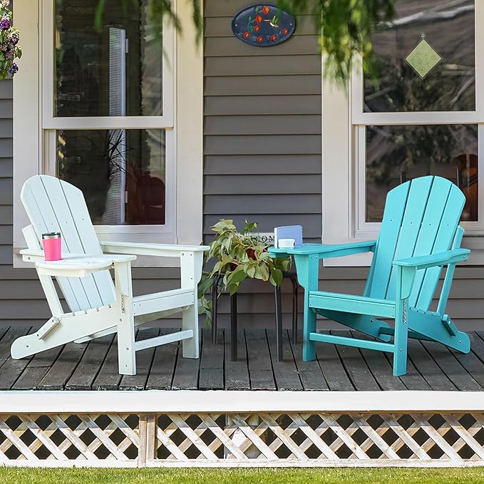 Adirondack Chair Set of 8, HDPE Folding Adirondack Chair with Multifunctional Cup Holder, Weather Resistant Fire Pit Chair for porches, patios, poolsides, Decks.