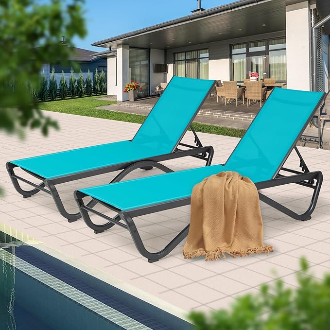 Kozyard 2Pack Chaise Lounge Full Alumium Outdoor Reclining Adjustable Chair Flat Patio Chaise Lounge Chair for Poolside, Sunbathing, Beach 2Aqua Textilene