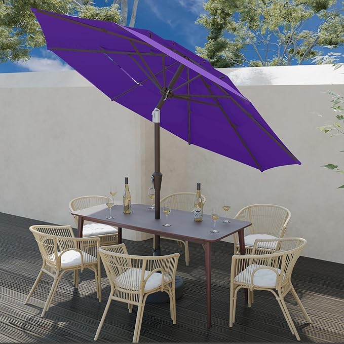 9FT 3 Tiers Patio Umbrella With Auto Tilt and Crank, Outdoor Table Market Umbrella with 8 Sturdy Ribs for Garden,Lawn,Deck,Backyard and Pool,Dark Purple