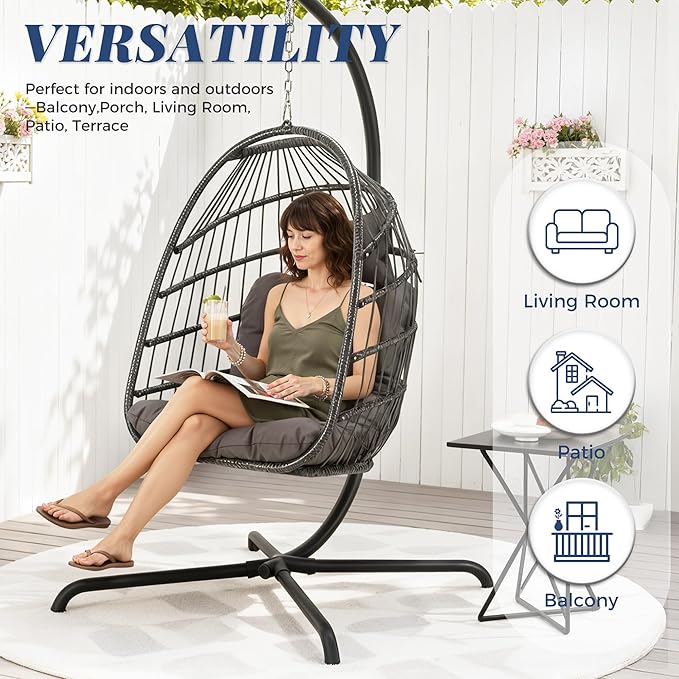 BLUEXYARD Outdoor Egg Chair Swing with Stand and Cover, 350 Lbs Rattan Wicker Egg Hanging Chair with Cushion, Compact Foldable Basket Hammock for Balcony Apartment Garden Backyard Bedroom, Dark Grey