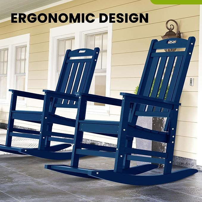 LOUNZY Outdoor Rocking Chair with Footboards Set of 2, HDPE Rocking Chair Patio Porch Rocker with 380lbs Support for Adult, Navy