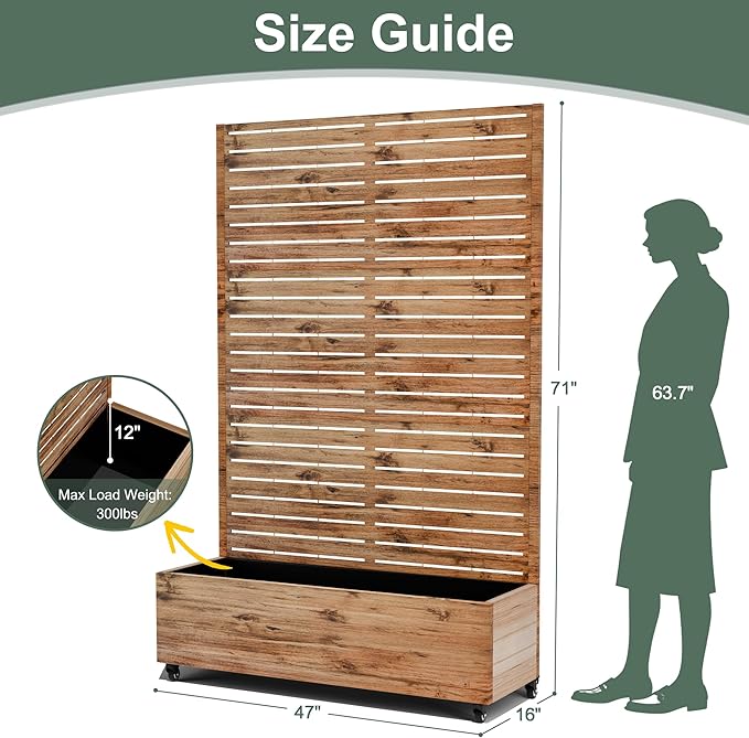 Metal Raised Garden Beds with Trellis and Wheels for Climbing Plants, Flowers, Large Planter Box with Privacy Screen & Drainage Holes for Patio (47" L, Brown Log Grain)